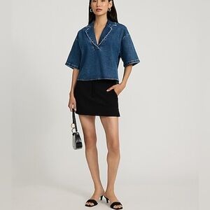 EXPRESS Denim Collared V-Neck Short Sleeve Denim Tee SMALL NWT Medium Wash